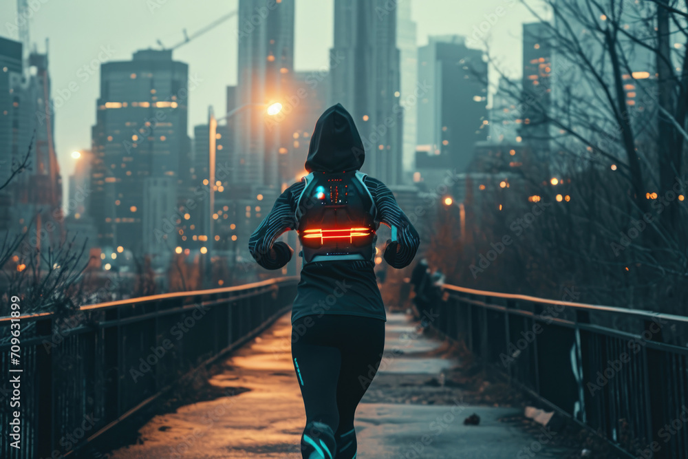 City Runner Wears Wearable Terminal While Moving Through Urban Landscape