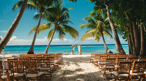 A destination wedding on a tropical island with a beachfront ceremony palm trees and a relaxed vibe. photo