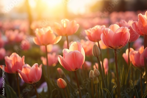  a field full of pink tulips with the sun shining through the trees in the background.