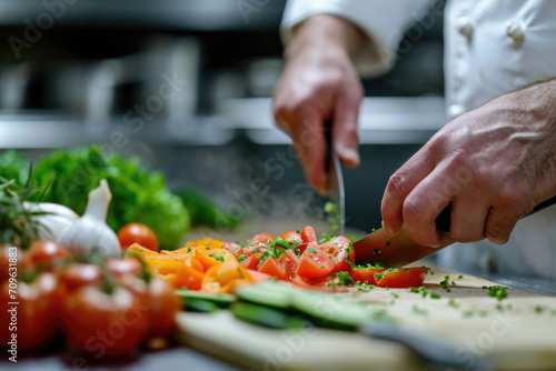 Chefs Hands Skillfully Slice Fresh Vegetables In Highend Restaurant Kitchen photo