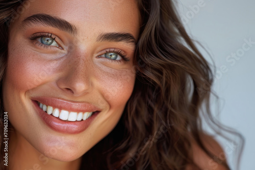 Closeup Of Stunning Brunette Model Flashing Flawless, Radiant Smile For Dental Advertisement