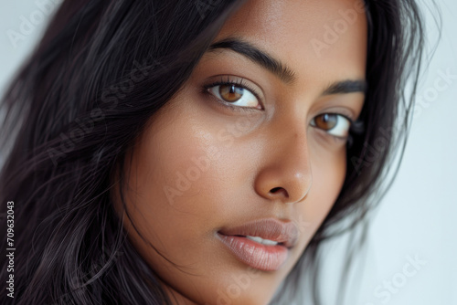Stunning Young Asian Indian Model With Confident Gaze - Ideal For Advertisements (Closeup Shot With White Backdrop)