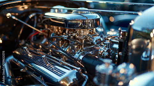 A detailed close-up of a classic cars engine showing the intricate mechanical parts and polished metal.