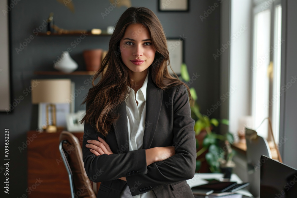 Confident And Professional Brunette Businesswoman Captured In Fullbody View, Exuding Grace And Poise