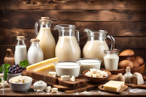Dairy products standing on a wooden table on a background of old furniture. Still-life with natural healthful food