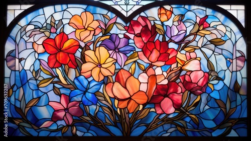  a close up of a stained glass window with a bouquet of flowers in the middle of the frame and a heart shaped window behind it.
