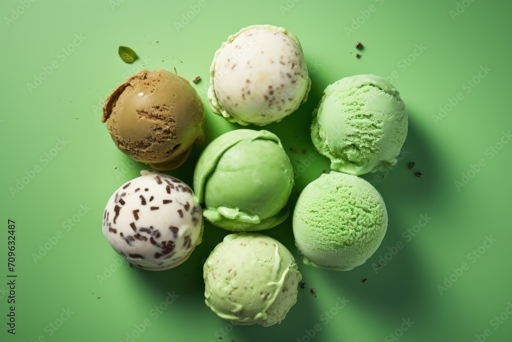 a group of four scoops of ice cream on a green surface with sprinkled sprinkles. a group of four scoops of ice cream on a green surface with sprinkled sprinkles.