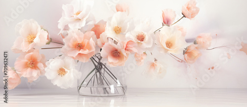 Pink and white flowers in the vase, in the style of double exposure, light orange and light gray, bokeh panorama, white background, shaped canvas, glowing lights, light crimson