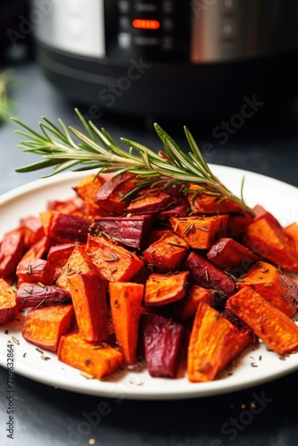 Easy to prepare using an air fryer. pieces of carrots and pieces of beets with a sprig of rosemary. light background photo