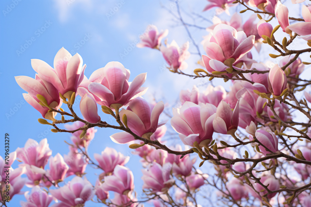 Magnolia blossoms against a blue sky, in the style of light pink and violet, backlight, wimmelbilder, selective focus, large canvas format

