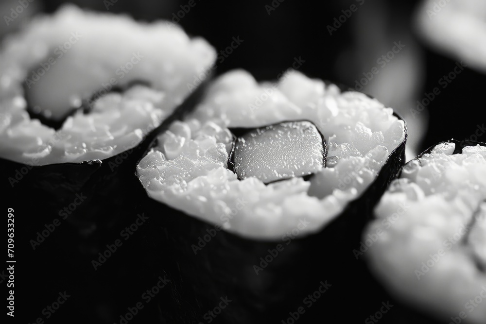 A monochrome photograph showcasing sushi rolls. Suitable for food enthusiasts and restaurant promotions A monochrome photograph showcasing sushi rolls. Suitable for food enthusiasts and restaurant promotions