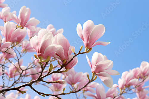 Magnolia blossoms against a blue sky, in the style of light pink and violet, backlight, wimmelbilder, selective focus, large canvas format