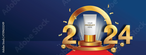 Winner stage podium mock up for cosmetic product display for year 2024 in blue banner background with copy space, vector design