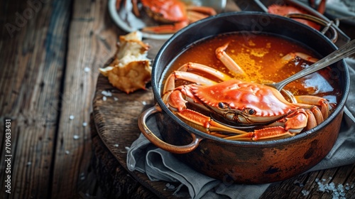 A mouthwatering pot of crab soup with a spoon ready to be enjoyed. Perfect for food blogs, restaurant menus, and culinary publications