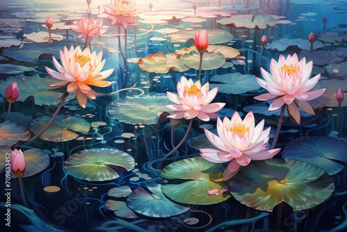  a painting of pink water lilies and lily pads in a pond with the sun shining through the clouds in the background.