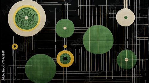 The black and green rug of circles in the middle, in the style of bold, black lines, kinetic lines and curves, whirly, metallic rectangles, graphic contrasts 