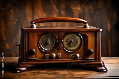 image of an antique retro wood radio on a table photo