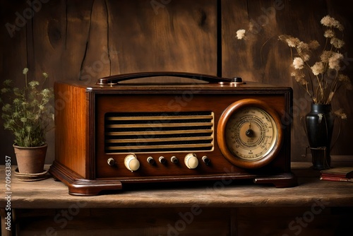 image of an antique retro wood radio on a table