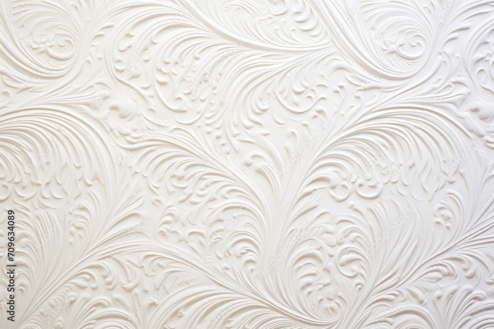  a close up of a white textured wallpaper with a pattern of swirls and leaves on the left side of the wall.