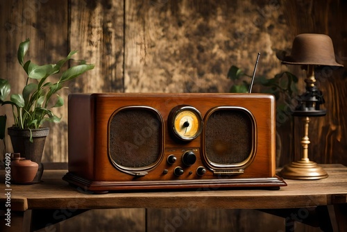 image of an antique retro wood radio on a table