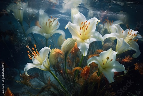  a bunch of white flowers floating on top of a body of water next to a bunch of orange and white flowers.
