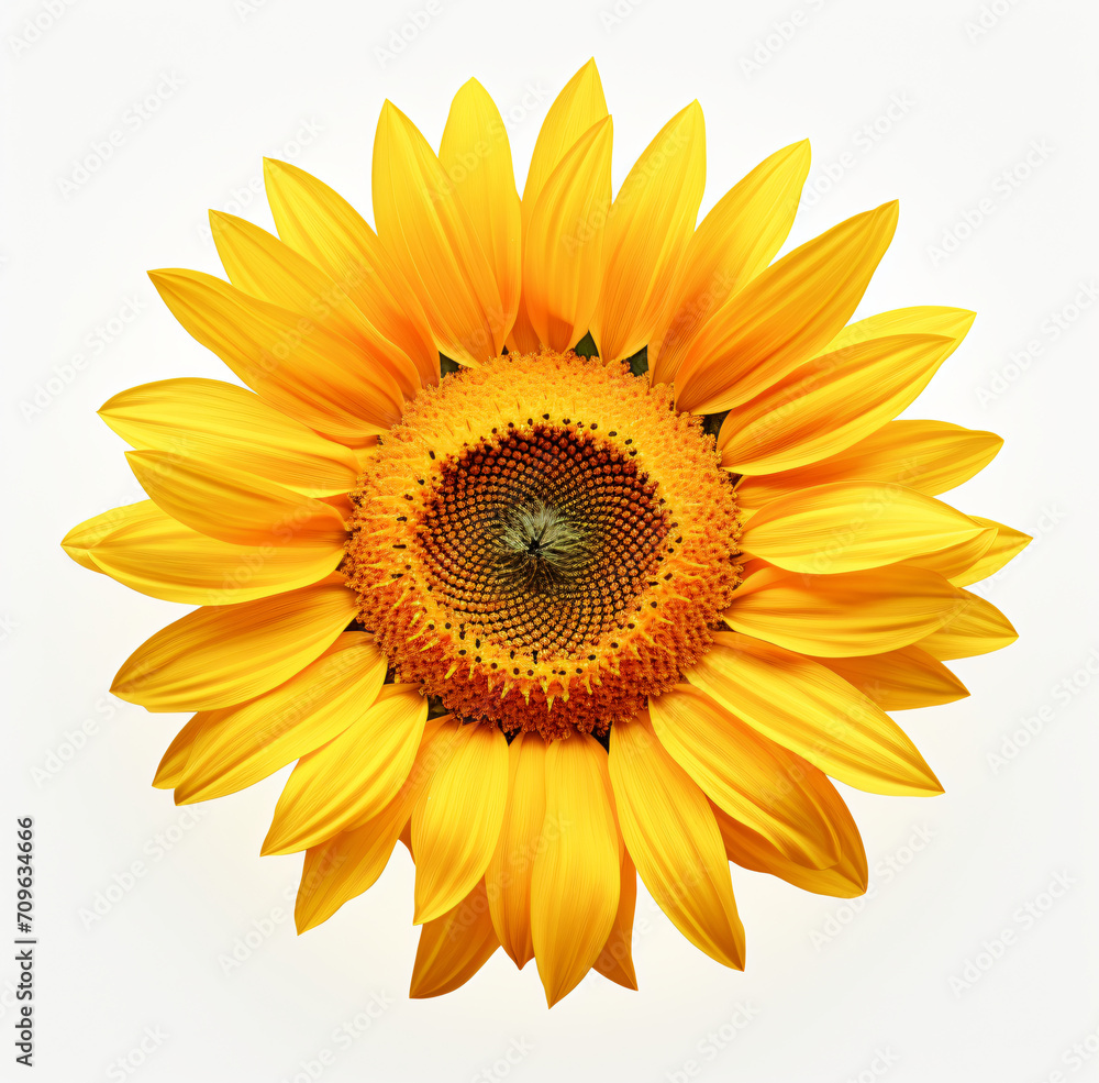 Fototapeta premium Sunflower, isolated and background, closeup, in the style of shaped canvas, fisheye lens, colorized, iconic, dansaekhwa, large canvas format, white background