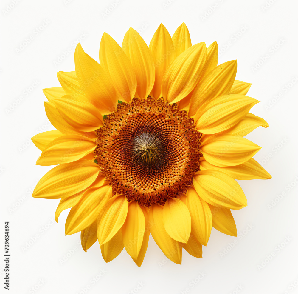 Fototapeta premium Sunflower, isolated and background, closeup, in the style of shaped canvas, fisheye lens, colorized, iconic, dansaekhwa, large canvas format, white background