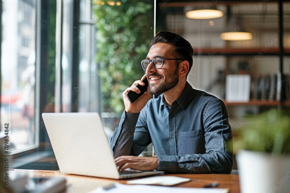 Young happy busy latin businessman talking on phone using laptop computer in office. Smiling hispanic professional businessman manager making call on mobile telephone sitting at work desk,GenerativeAI Young happy busy latin businessman talking on phone using laptop computer in office. Smiling hispanic professional businessman manager making call on mobile telephone sitting at work desk,GenerativeAI