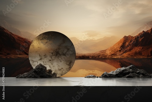  a mirror sitting on top of a table in front of a body of water with a mountain range in the background.