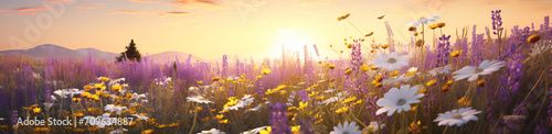 A field with lots of wild flowers, in the style of vray, white and violet, wimmelbilder, ferrania p30, high resolution, yellow and white, orderly arrangements

 photo