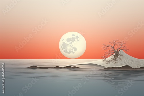  a painting of a tree on an island in the middle of a body of water with a full moon in the background.