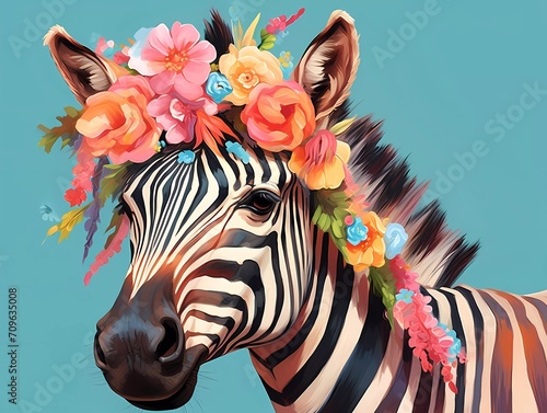 illustration of a colorful zebra with a flower crown on its head. generative ai