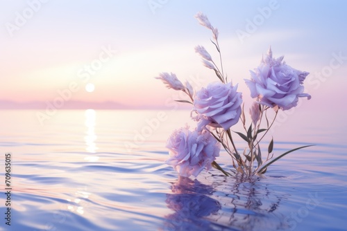  a group of flowers floating on top of a body of water with the sun setting in the distance behind them.