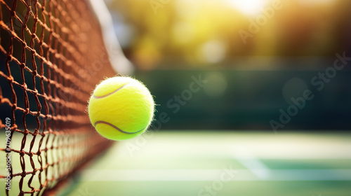 Tennis ball with tennis court and net in background. © brillianata