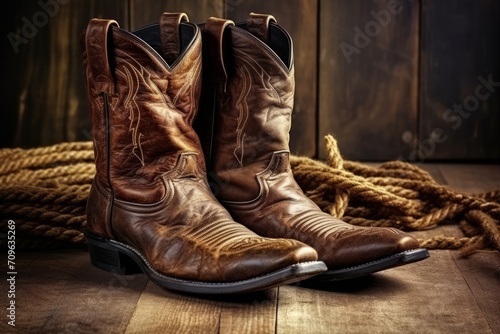 a pair of brown cowboy boots and a coil of rope on a wooded surface with an old textured background