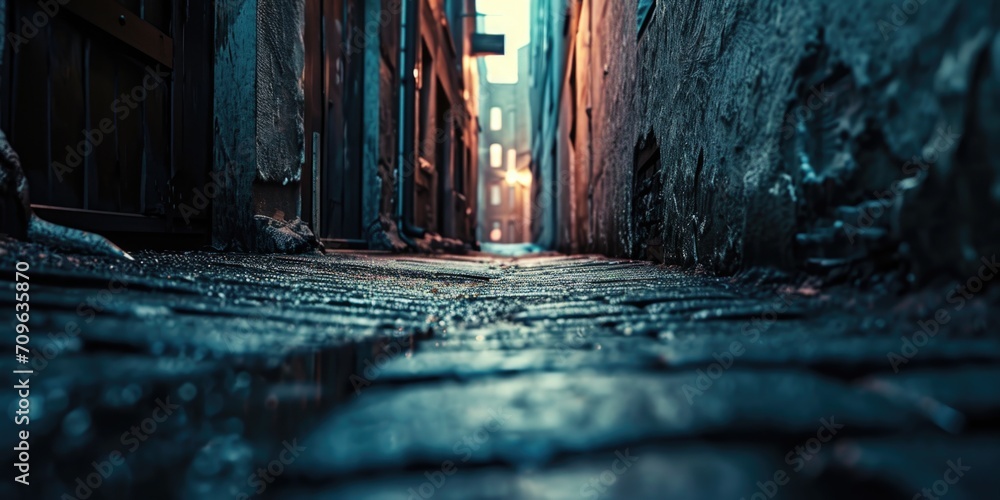 A narrow alleyway with a wet sidewalk. Suitable for urban scenes and rainy day settings