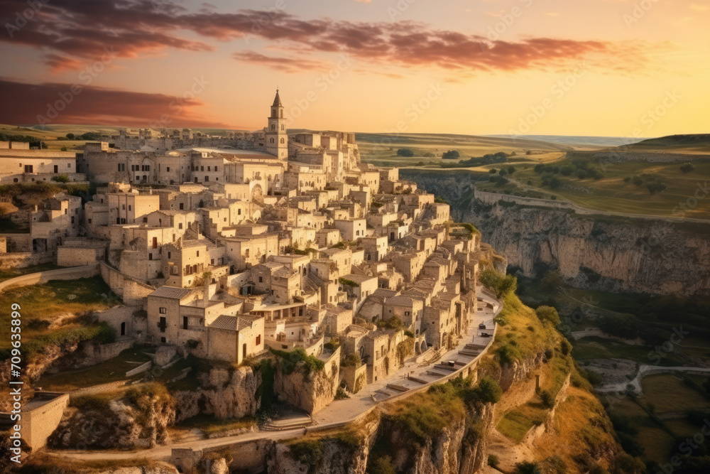 Cityscape aerial image of medieval city of Matera, Italy during beautiful sunset