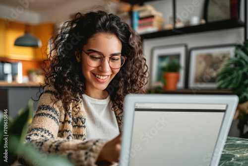 Young happy latin woman, smiling curly casual girl student using tablet and laptop elearning or working at home online looking at tab technology device sitting at table in living room, Generative AI 