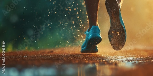 A close up photo capturing a person running in the rain. Perfect for illustrating determination and resilience. Ideal for use in sports, fitness, or motivation-related projects