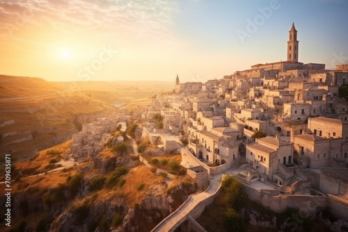 Cityscape aerial image of medieval city of Matera, Italy during beautiful sunset