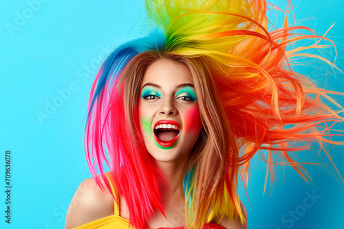 Fashion funny pink hair girl. Woman flipping colorful hair on bright background. Close-up of hippy young girl face. Pink hair style girl