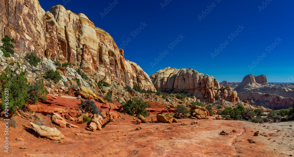 Sandstone formations in an arid canyon landscape panorama