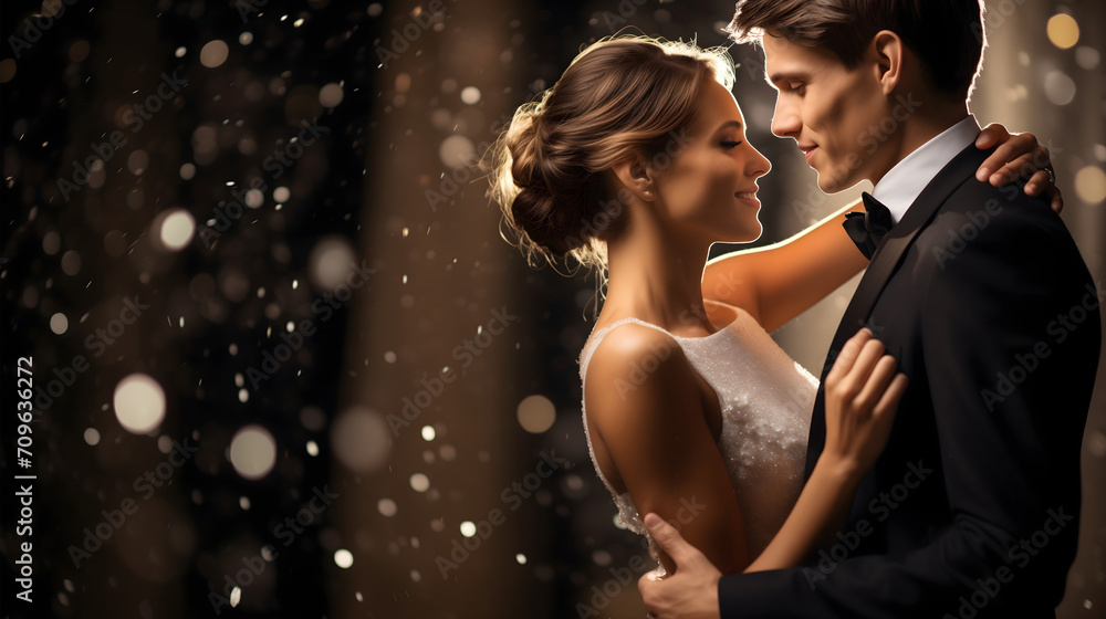 Beautiful young wedding couple, bride and groom, bride is wearing a long white wedding dress, groom is wearing a black tuxedo suit with white shirt and a bow tie, smiling at each other, romantic scene Beautiful young wedding couple, bride and groom, bride is wearing a long white wedding dress, groom is wearing a black tuxedo suit with white shirt and a bow tie, smiling at each other, romantic scene