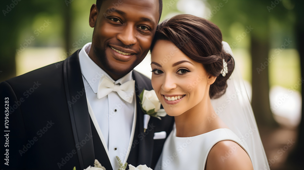 Beautiful wedding couple, African American groom and Caucasian bride, bride is wearing a long white wedding dress, groom is wearing a black tuxedo suit with white shirt and a bow tie, both are smiling Beautiful wedding couple, African American groom and Caucasian bride, bride is wearing a long white wedding dress, groom is wearing a black tuxedo suit with white shirt and a bow tie, both are smiling