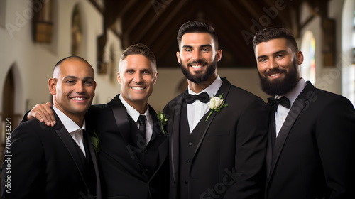 Handsome young men in elegant tuxedo suits, groom and his best friends standing in a church building interior where the wedding will take place. Smiling and looking at the camera