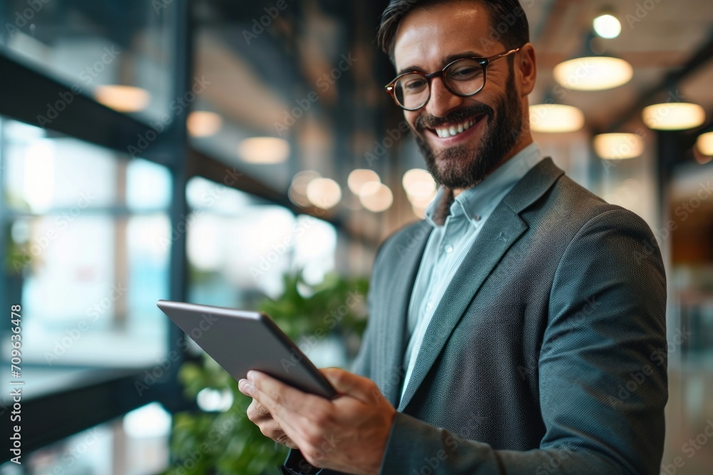 Smiling young business man holding pad computer in hands at work. Male professional employee using digital tablet fintech device standing in office checking financial market data. Generative AI Smiling young business man holding pad computer in hands at work. Male professional employee using digital tablet fintech device standing in office checking financial market data. Generative AI