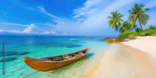 Canoe on the tropical sandy beach. Beautiful summer landscape of tropical island with boat in ocean