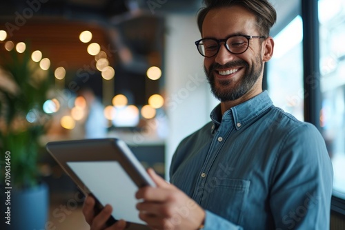 Smiling young business man holding pad computer in hands at work. Male professional employee using digital tablet fintech device standing in office checking financial market data. Generative AI