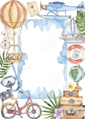 Wallpaper Mural Travel watercolor frame with airplane, suitcases, camera, map, air balloon, bicycle, postcard, tropical eucalyptus leaves illustration, Transport clipart Torontodigital.ca