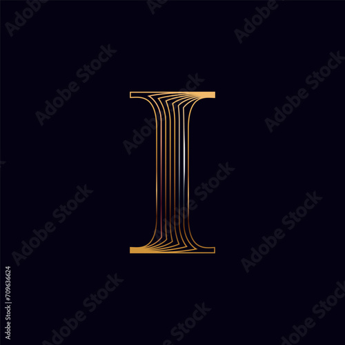 I letter golden logo. Shiny icon made of parallel lines on black background. Metallic gold, bronze, silver emblem for Super Sale.